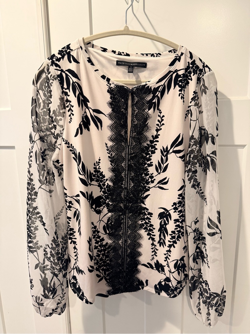 White House Black Market Black & White Floral Lace-Zip Blouse